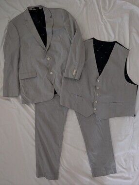 Tommy Hilfiger 3 Piece Gray Modern Fit Flex Stretch Cotton Blend Suit 44L 46x32